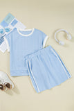 Beau Blue Contrast Trim Textured Crewneck Tee and Pocketed Skirt Set