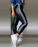 Side Striped Panels PU Leather Cuffed Pants Casual Pants