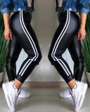 Side Striped Panels PU Leather Cuffed Pants Casual Pants