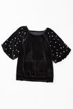 Black Pearl Beaded Half Sleeve Velvet Top