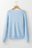 Light Blue Knitted Flower Pattern Ribbed Edge Sweater