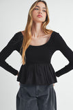 Black Ribbed Knit Long Sleeve Scoop Neck Peplum Patchwork Top