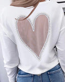 Heart Pattern Sheer Mesh Round Neck Long Sleeve Beaded Sheer Mesh Tee Casual Top