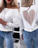 Heart Pattern Sheer Mesh Round Neck Long Sleeve Beaded Sheer Mesh Tee Casual Top