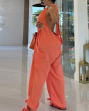 Halter Sleeveless Cuffed Lace Up Backless Jumpsuit Casual Pocket Design Romper