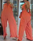 Halter Sleeveless Cuffed Lace Up Backless Jumpsuit Casual Pocket Design Romper