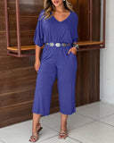 2 Pieces Outfit V Neck Three Quarters Top Wide Three Quarters Pants Set