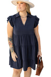 Navy Blue Collared V Neck Flutter Sleeve Tiered Plus Size Dress