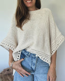 Solid Three Quarters Batwing Sleeve Hollow out Pattern Edges Casual Knit Top