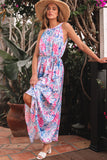 Sky Blue Floral Printed Sleeveless O Neck Knot Waist Maxi Dress
