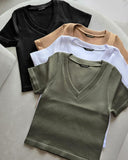 V Neck Short Sleeve Ribbed T Shirt Casual Slim Fit Top