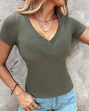 V Neck Short Sleeve Ribbed T Shirt Casual Slim Fit Top