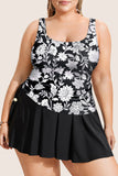 Black Plus Size Printed Square Neck Drawstring Ruffled Tankini Set