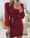 Ruched V Neck Lantern Sleeve Bodycon Mini Dress Casual Button Decor Waist Dress