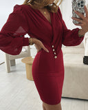 Ruched V Neck Lantern Sleeve Bodycon Mini Dress Casual Button Decor Waist Dress