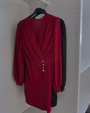 Ruched V Neck Lantern Sleeve Bodycon Mini Dress Casual Button Decor Waist Dress