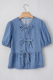 Dusk Blue Tied Front Bubble Sleeve Peplum Denim Shirt