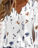 Floral Print Notch Neck Crochet Lace Patchwork T Shirt Casual Button Decor Top