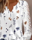 Floral Print Notch Neck Crochet Lace Patchwork T Shirt Casual Button Decor Top