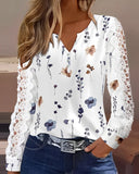 Floral Print Notch Neck Crochet Lace Patchwork T Shirt Casual Button Decor Top