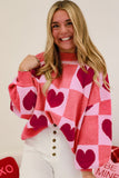 Pink Love Heart Checkered Valentine Crew Neck Sweater