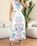 Solid Color Cutout Button Down Elastic Waist Back Versatile Casual Dress Vocation Maxi Dress