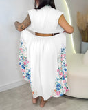 Floral Print Stand Collar Sleeveless Button Down Casual Dress Cutout Elastic Waist Back Maxi Dress