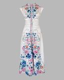 Floral Print Stand Collar Sleeveless Button Down Casual Dress Cutout Elastic Waist Back Maxi Dress