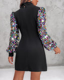 Mock Neck Shining Sequins Contrast Long Sleeve Dress