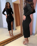 Metal Ring Decor Wrapped Slit Ribbed Work Dress Cinched Waist Slim Fit Mid Length Dress