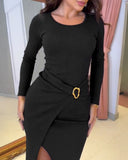 Metal Ring Decor Wrapped Slit Ribbed Work Dress Cinched Waist Slim Fit Mid Length Dress