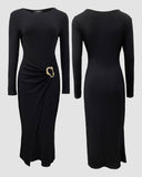 Metal Ring Decor Wrapped Slit Ribbed Work Dress Cinched Waist Slim Fit Mid Length Dress