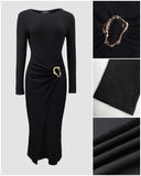 Metal Ring Decor Wrapped Slit Ribbed Work Dress Cinched Waist Slim Fit Mid Length Dress