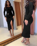 Metal Ring Decor Wrapped Slit Ribbed Work Dress Cinched Waist Slim Fit Mid Length Dress