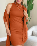 2 Pieces Outfit Open Front Cardigan and Chic High Neck Dress