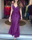 Satin Sleeveless Hollow out Twist Front Evening Dress Tied Detail Backless Zipper Back Mermaid Hem Dress