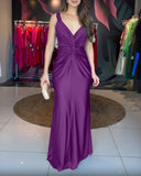 Solid Deep V Neck Braided Straps Twist Front Evening Dress Casual Cinched Waist Mermaid Hem Satin Maxi Dress
