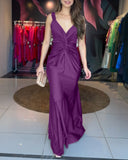 Solid Deep V Neck Braided Straps Twist Front Evening Dress Casual Cinched Waist Mermaid Hem Satin Maxi Dress