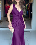 Solid Deep V Neck Braided Straps Twist Front Evening Dress Casual Cinched Waist Mermaid Hem Satin Maxi Dress