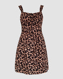 Leopard Square Neck Spaghetti Strap Romper Asymmetrical Lace up Slit Romper