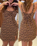 Leopard Square Neck Spaghetti Strap Romper Asymmetrical Lace up Slit Romper