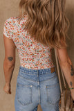 Orange Short Sleeve Floral Ruched Sweetheart Bodysuit