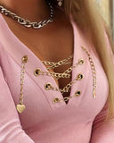 V Neck Long Sleeve Chain Decor T Shirt Casual Slim Fit Ribbed Top