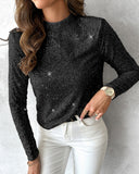 Mock Neck Allover Sequin Top