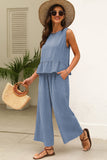 Beau Blue Solid Color Ribbed Ruffle Tank Top and Pants Set