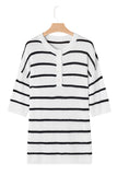White Stripe Henley Buttoned Placket Drop Shoulder Bracelet Sleeve Knit Sweater Tee