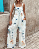 Floral Print Wide Leg Suspender Jumpsuit