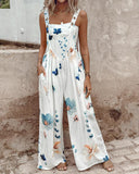 Floral Print Wide Leg Suspender Jumpsuit