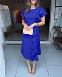 Butterfly Sleeve Ruffles Design Cinched Waist Work Dress Zipper Back Slim Fit Slit Mid Length Dress