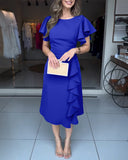 Butterfly Sleeve Ruffles Design Cinched Waist Work Dress Zipper Back Slim Fit Slit Mid Length Dress